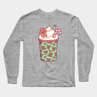 Cute Christmas Coffee Drink Gingerbread Man And Candy Cane Long Sleeve T-Shirt